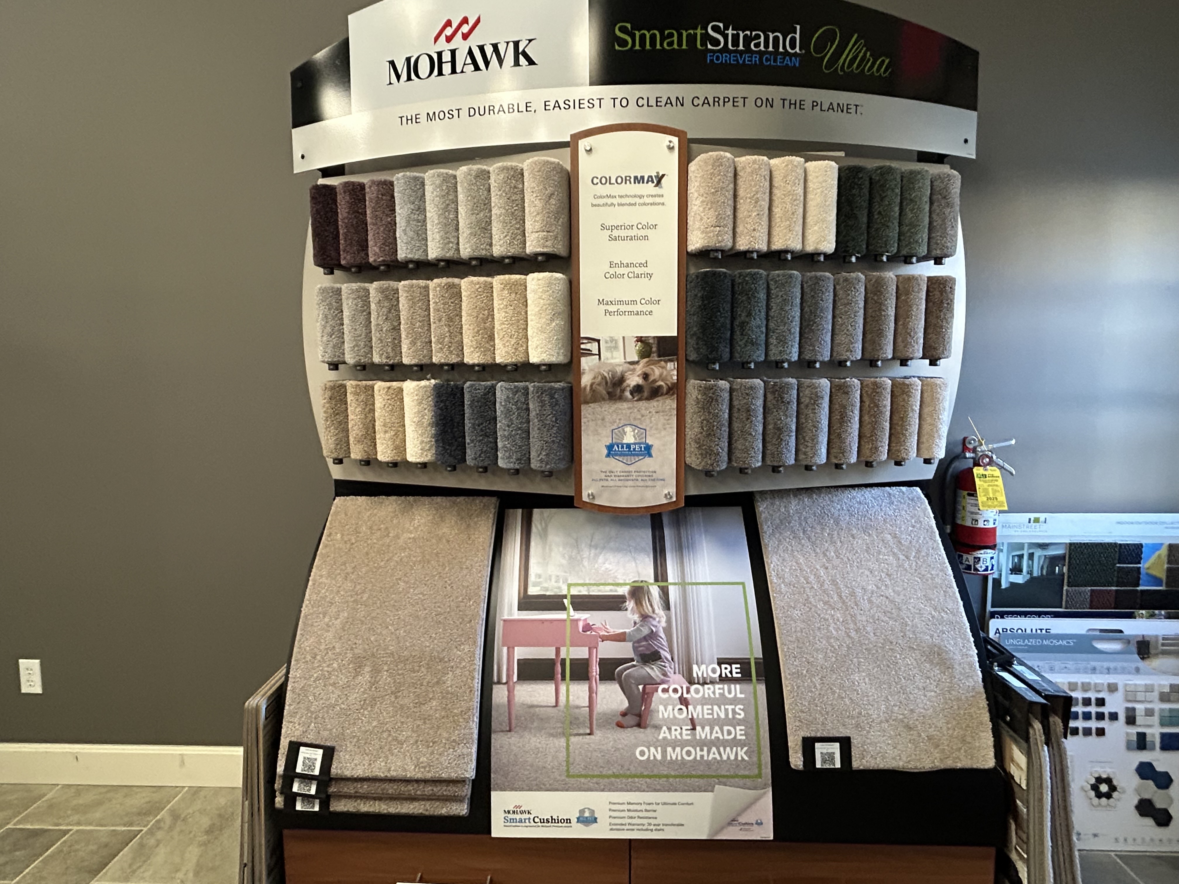 Mohawk SmartStrand Forever Clean carpet display with ColorMax technology at Kelly's Flooring