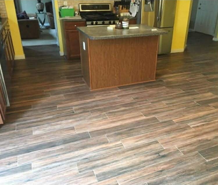 Wood-look tile flooring in kitchen