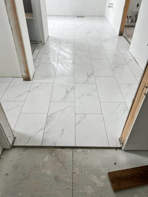 Marble-look tile flooring installation
