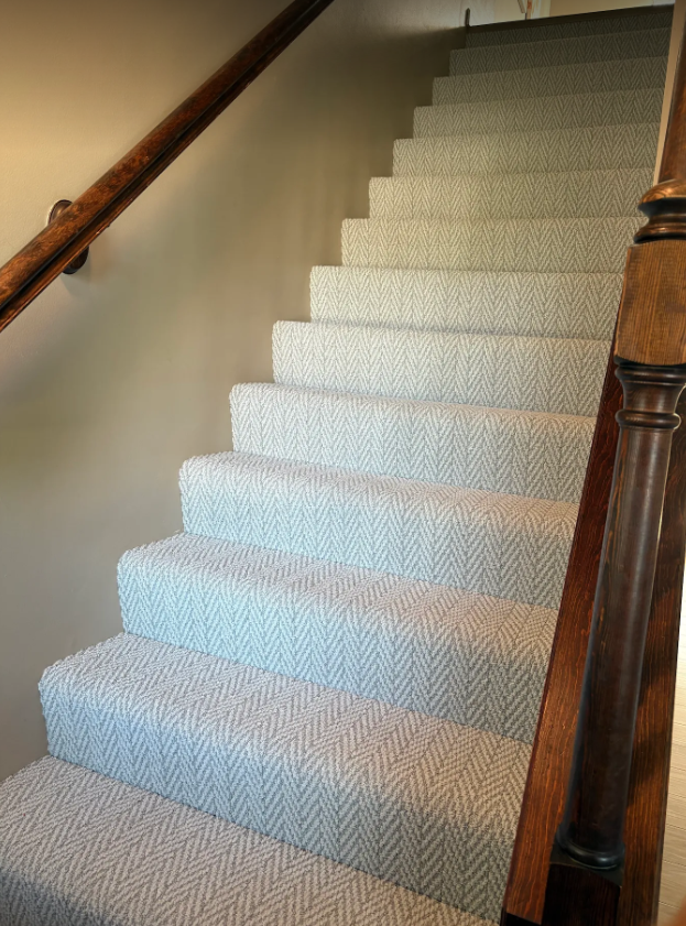 Anderson Tuftex Only Natural Grace herringbone stair runner with wood handrail