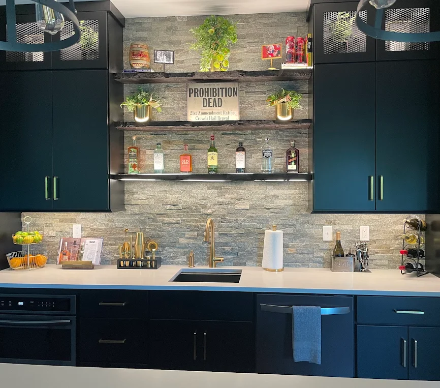 Custom basement bar tile backsplash installation