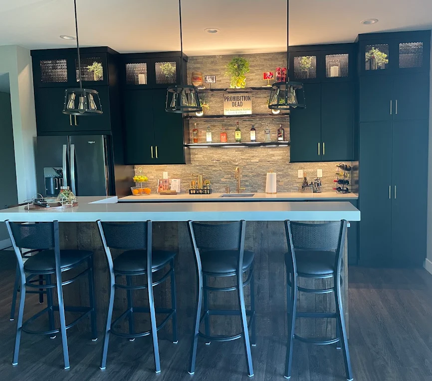 Detail of custom basement bar tile backsplash