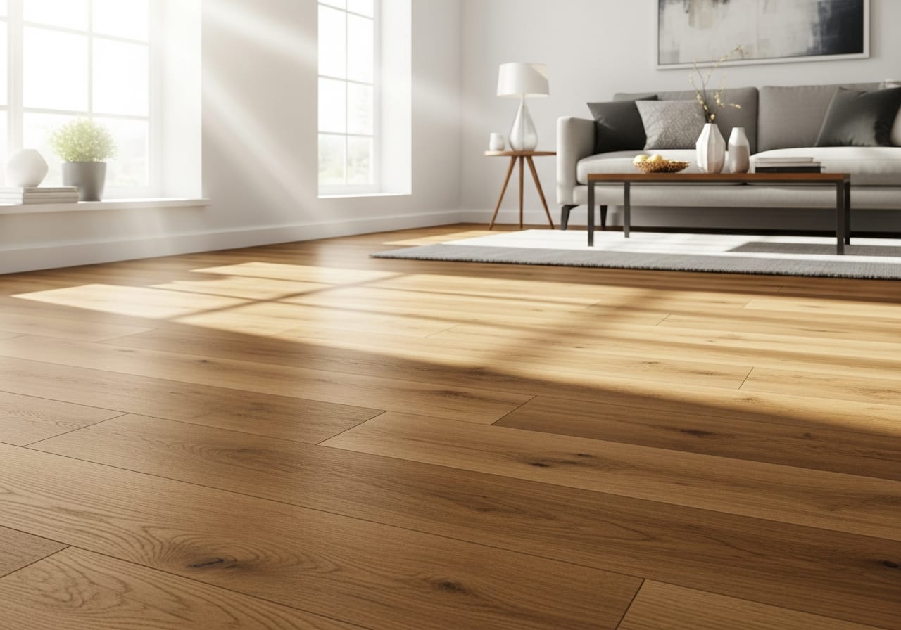 Wood-look laminate flooring installed in a bright living room