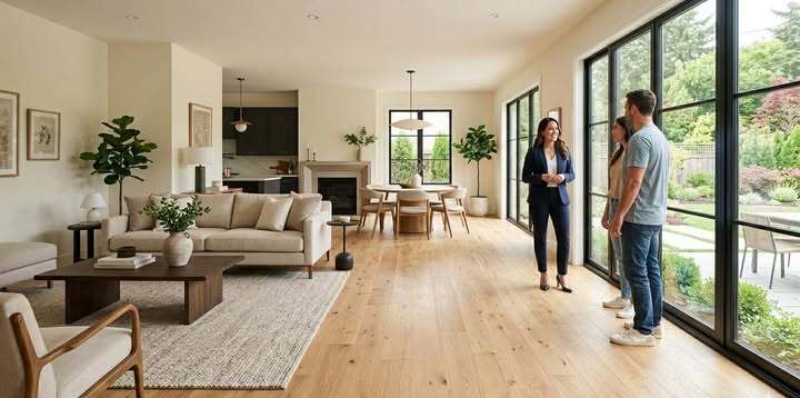 Real estate agent showing home with beautiful hardwood floors