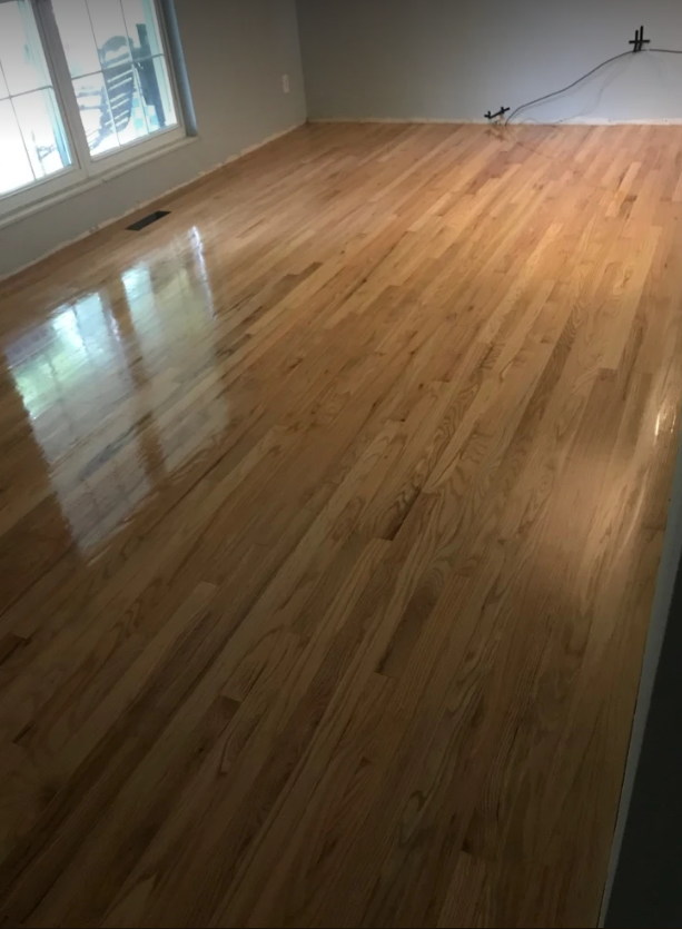 Beautifully refinished red oak hardwood floor with rich glossy clear finish