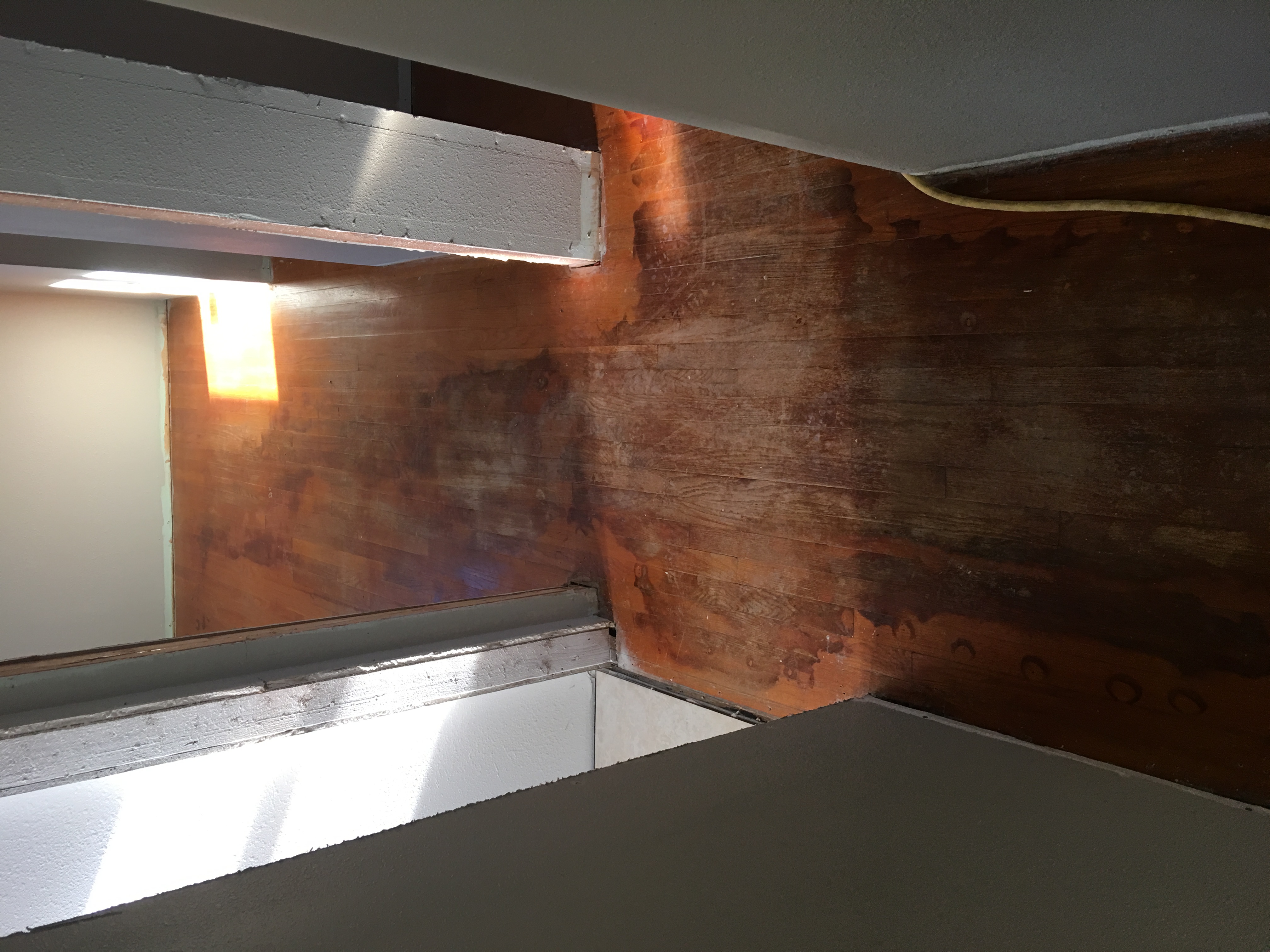 Worn hallway hardwood floor before refinishing - dark stains and damaged finish